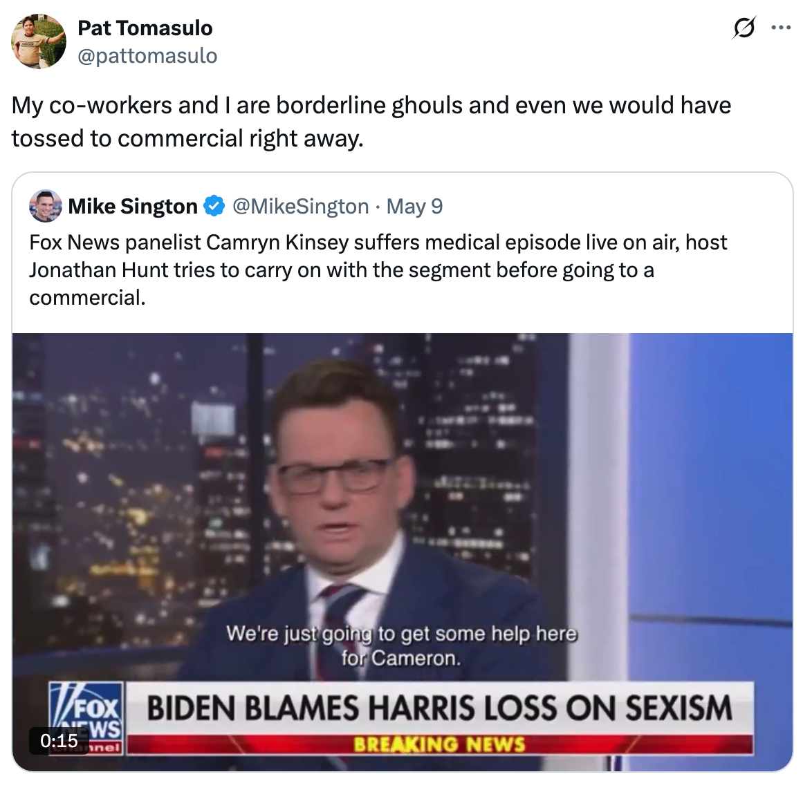 Tweet shows a news anchor in a studio with caption discussing a medical episode of a guest. Overlay text: "Biden Blames Harris Loss on Sexism."