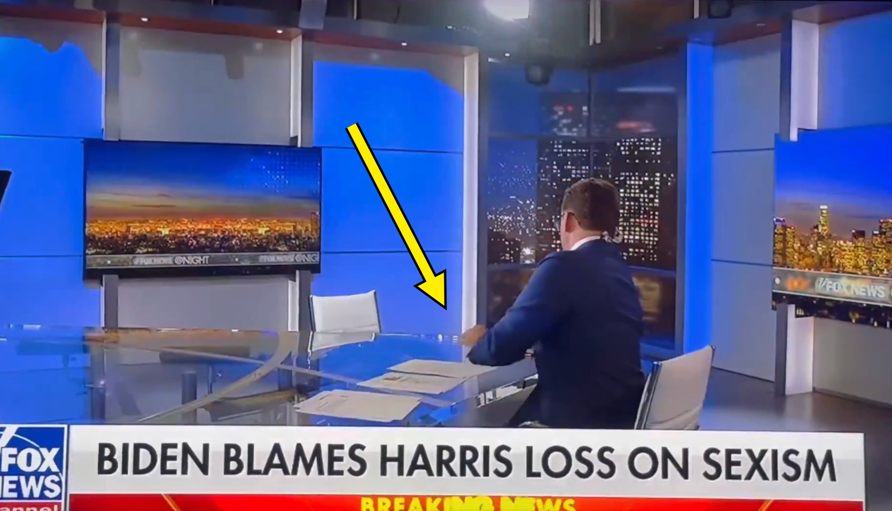 Fox News studio with anchor at desk facing large screens. Headline reads: "Biden blames Harris loss on sexism."