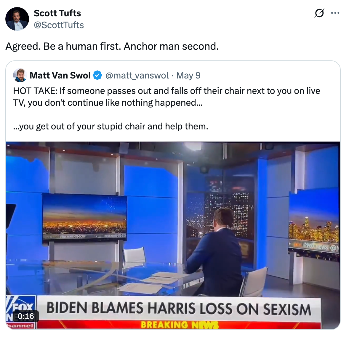 Tweet by Matt Van Swol: "HOT TAKE: If someone passes out live, you help them." Image shows a news set with a male anchor sitting at a desk