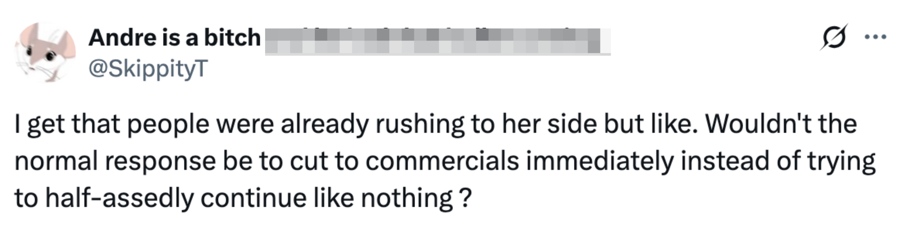 Tweet questioning the decision to not cut to commercials immediately during a live broadcast incident
