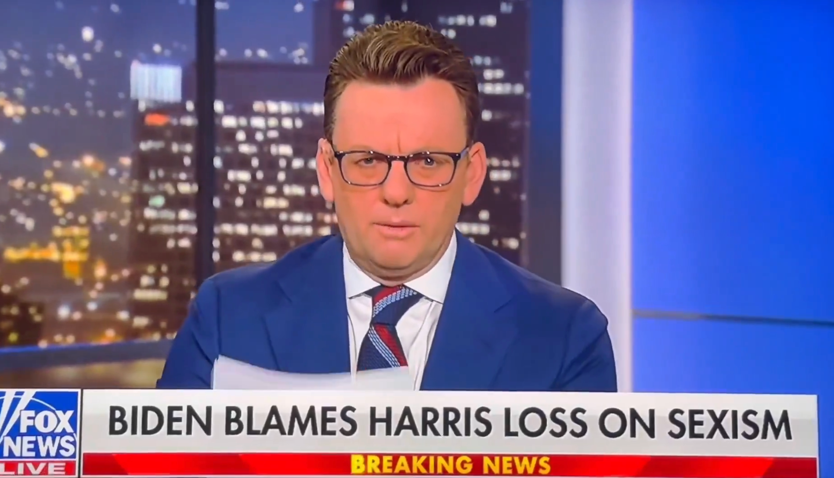News anchor in studio reads headline: "Biden blames Harris loss on sexism" on Fox News broadcast
