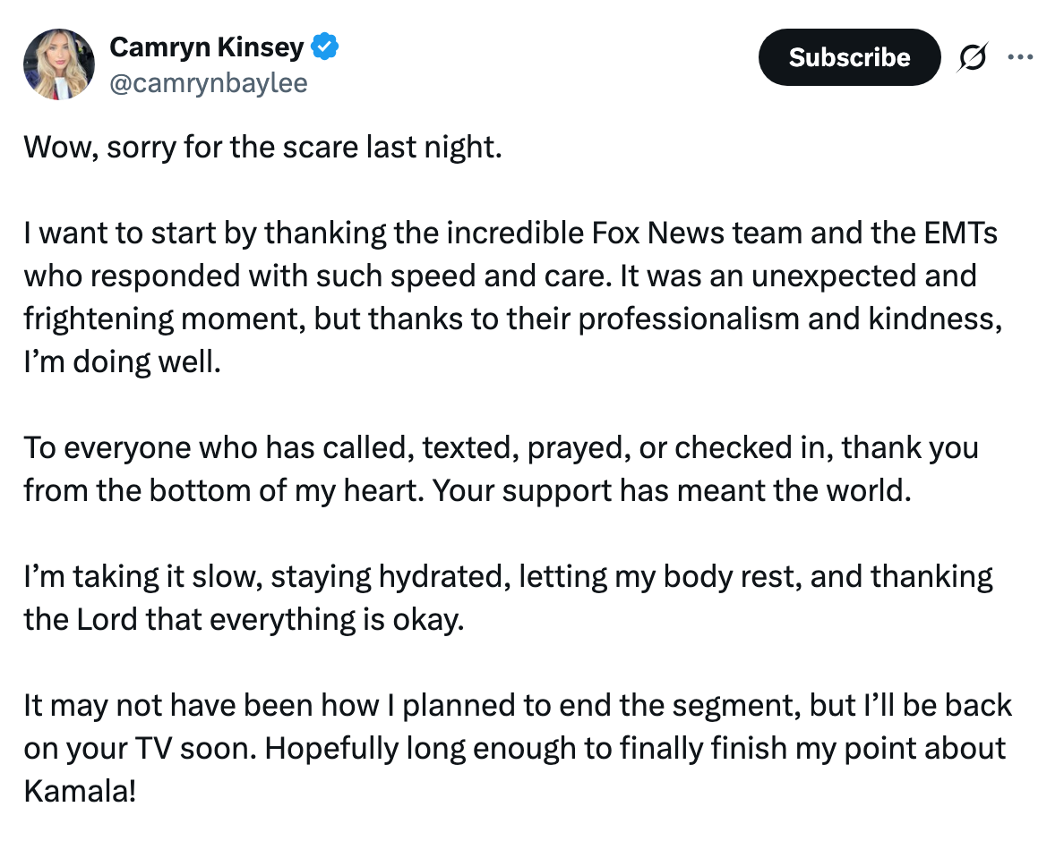 A social media post by Camryn Kinsey thanking Fox News and EMTs for their response to a scare, expressing gratitude, and promising a TV return