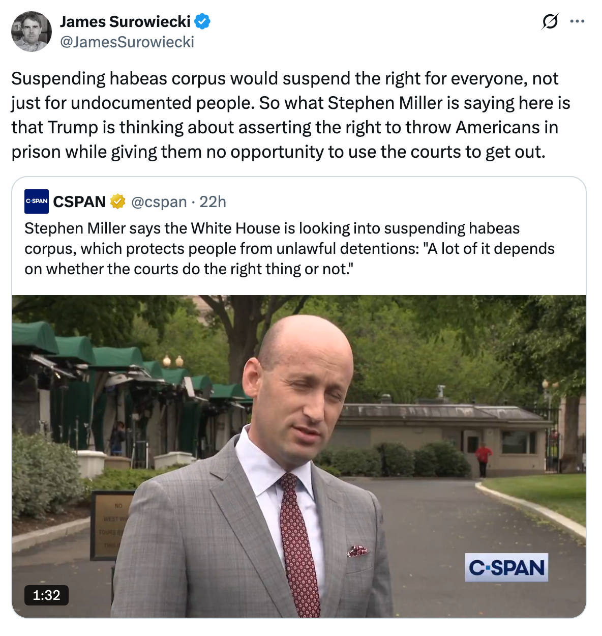 Tweet discusses Stephen Miller&#x27;s statement on Trump&#x27;s stance against habeas corpus, highlighting concerns about denying court access to detained individuals