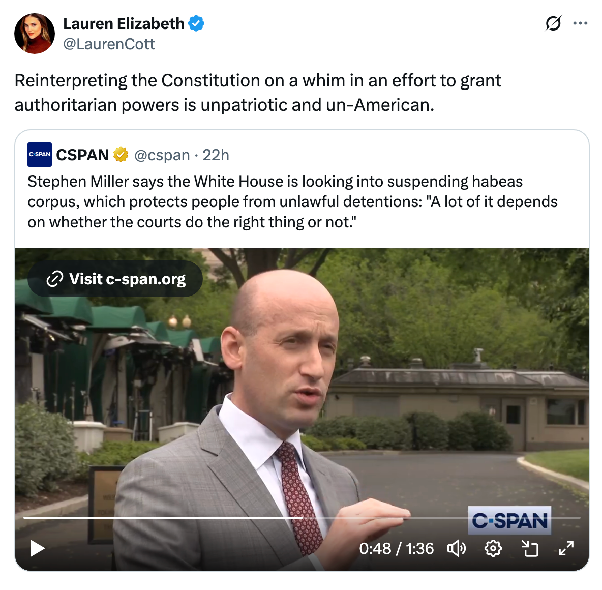 Tweet about Stephen Miller discussing White House efforts on habeas corpus. States concerns about unpatriotic and un-American actions