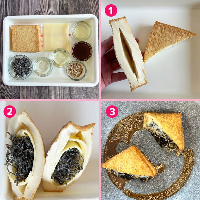 厚揚げで作るヘルシーなレシピを紹介する3ステップの画像。