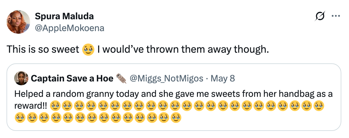 Tweet exchange: A user shares they helped a granny and received sweets in return, using many smiley emojis. Another comments they would've tossed them