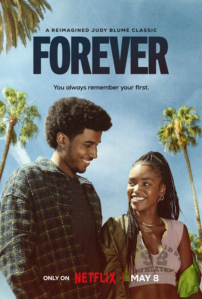 Poster for Netflix's "Forever," a reimagined Judy Blume classic, featuring a smiling couple outdoors, with palm trees in the background. Premieres May 8