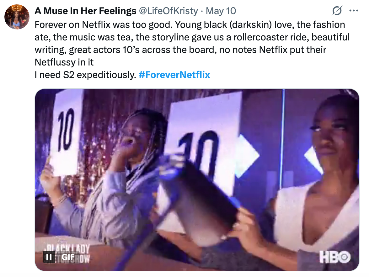 People holding "10" score cards at a TV show with an enthusiastic Twitter review of a Netflix series praising its diverse representation and request for a sequel