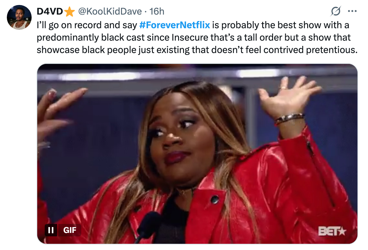 A person shrugs their shoulders with palms up, giving an expression of uncertainty. A tweet above praises a Netflix show for its authentic representation