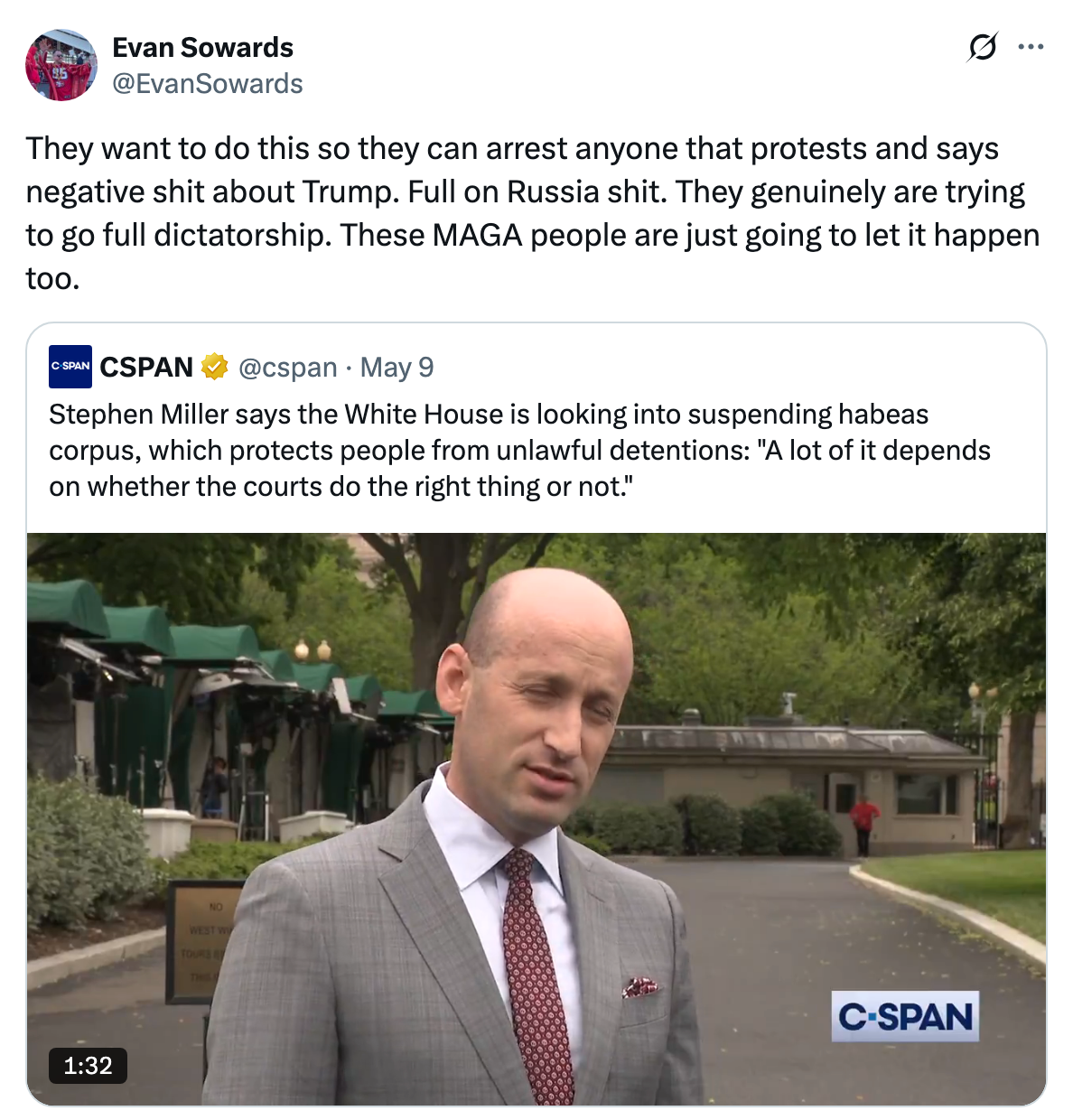 Tweet by Evan Sowards criticizes attempts to silence Trump protesters, calling it dictatorial. References Stephen Miller on possible habeas corpus suspension