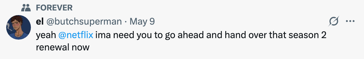 Tweet from user requesting Netflix to renew a show for season 2