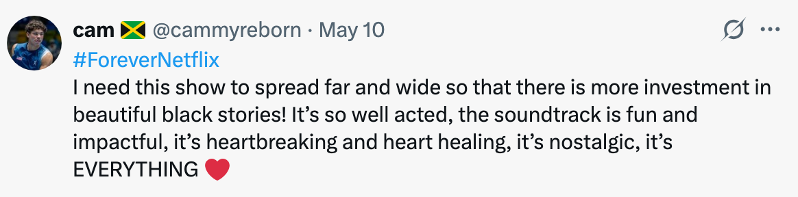 Tweet praising a Netflix show for investment in diverse stories, strong acting, impactful soundtrack, and emotional depth