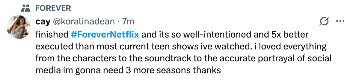Tweet praising a teen show, highlighting its execution, characters, soundtrack, and portrayal of social media, and requesting more seasons