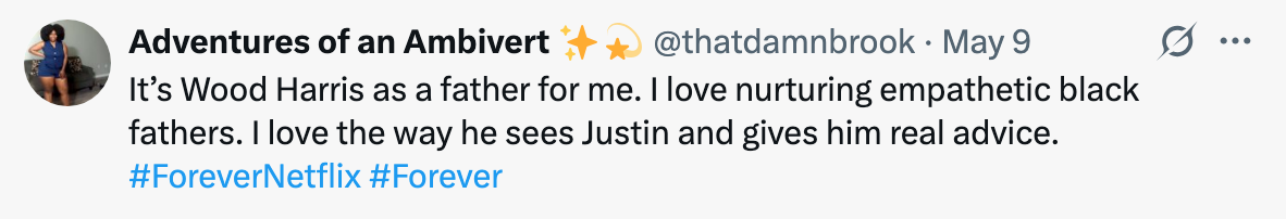 Tweet praising Wood Harris's portrayal of a compassionate father figure, highlighting his advice to a character named Justin