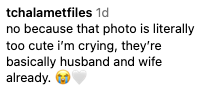 Social media comment expressing affection, saying the photo is adorable and the people depicted seem like a couple, with crying and heart emojis