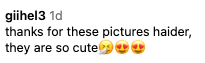 Comment expressing gratitude for photos, describing them as cute, with smiling and heart emojis