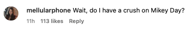 Social media comment asking, "Wait, do I have a crush on Mikey Day?" with 113 likes