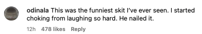 Comment praising a skit, saying it's the funniest and mentioning laughter