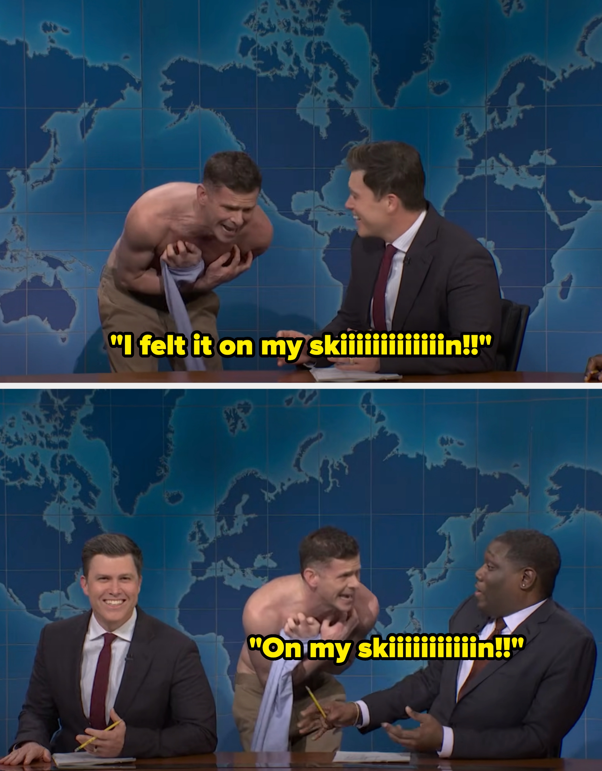 mikey day telling colin and michael che he feels the spider on his skin