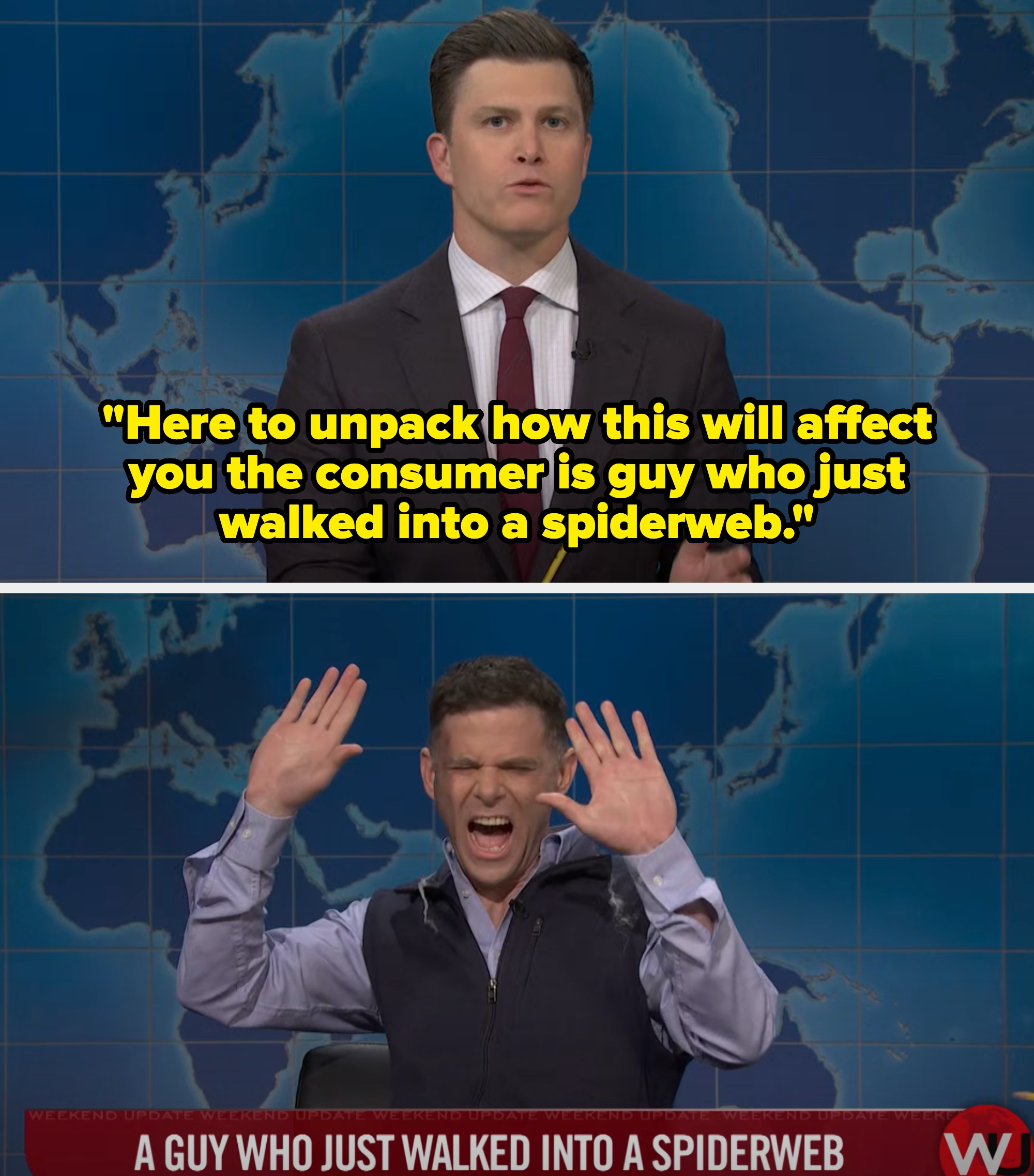 colin introducing mikey day as the guy who just walked into a spiderweb