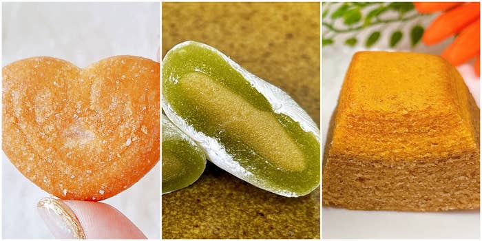 左からハート型のお菓子、緑と白のもち菓子、四角い焼き菓子が並んでいる。