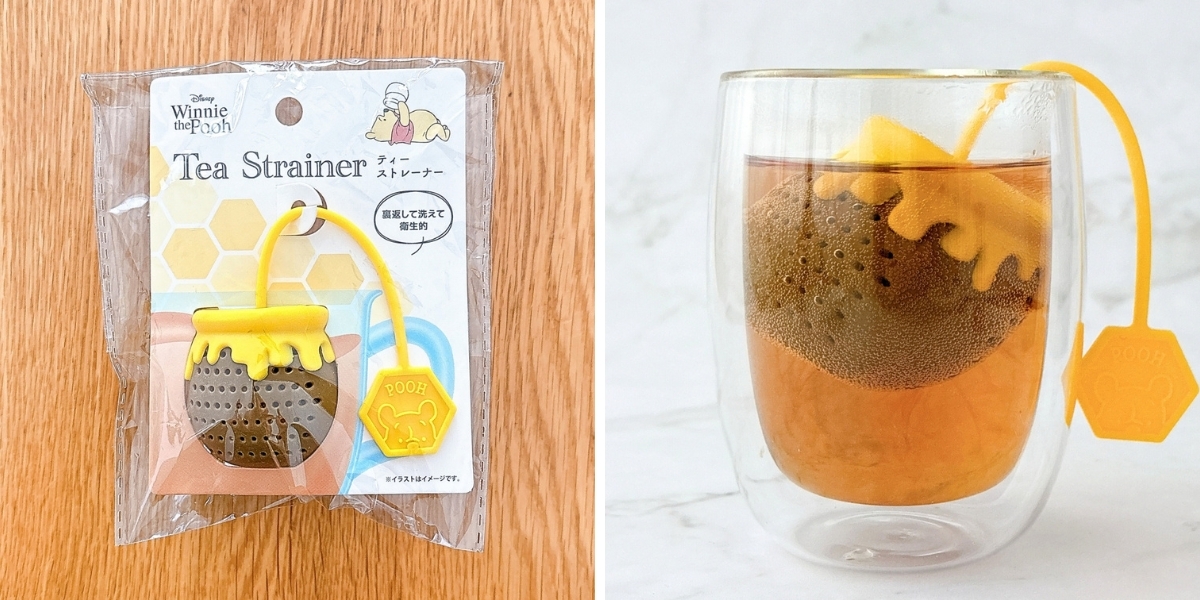くまのプーさんのはちみつ型のティーストレーナーのパッケージと使用例。