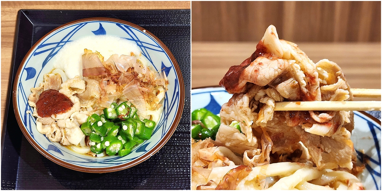 左側には豚肉とオクラが乗ったどんぶり、右側には箸で持ち上げられた豚肉が写っています。