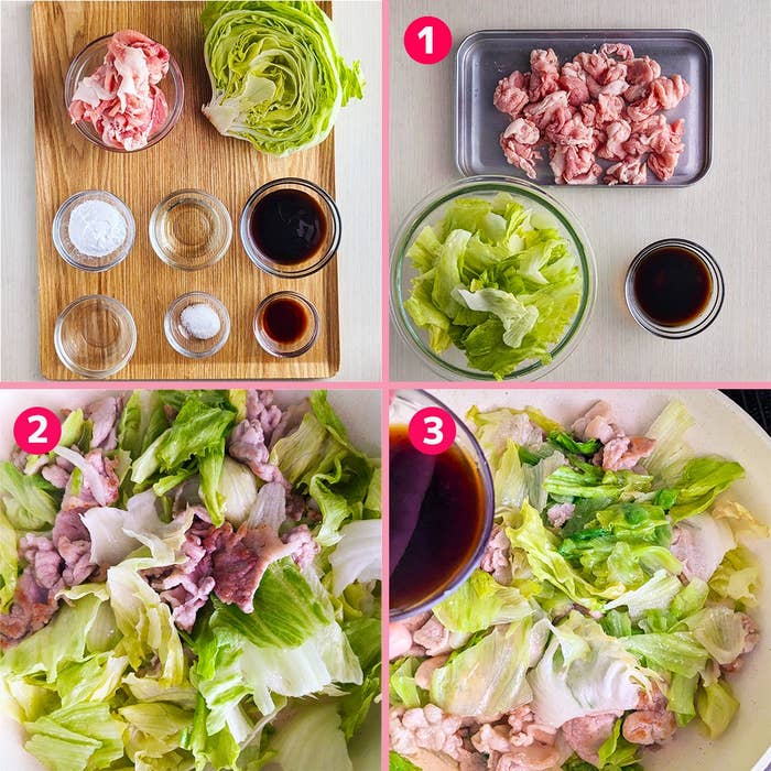 手順を示す料理画像:材料の準備、レタスと肉の炒め物を調理する過程。