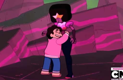 Animated characters hugging in a rocky landscape with glowing stripes