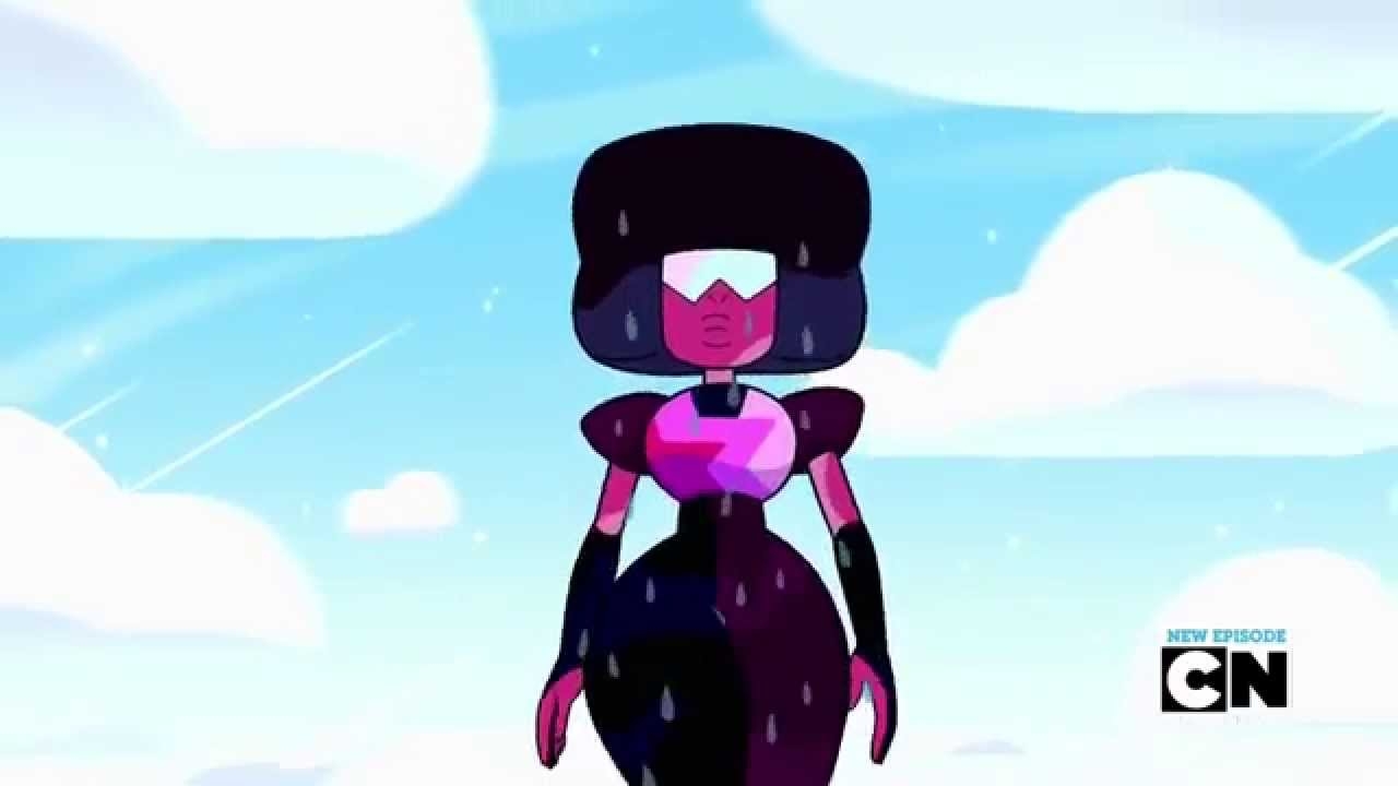 Animated character in futuristic attire with visor and pink power gem stands under blue sky. Text indicates a new episode on Cartoon Network