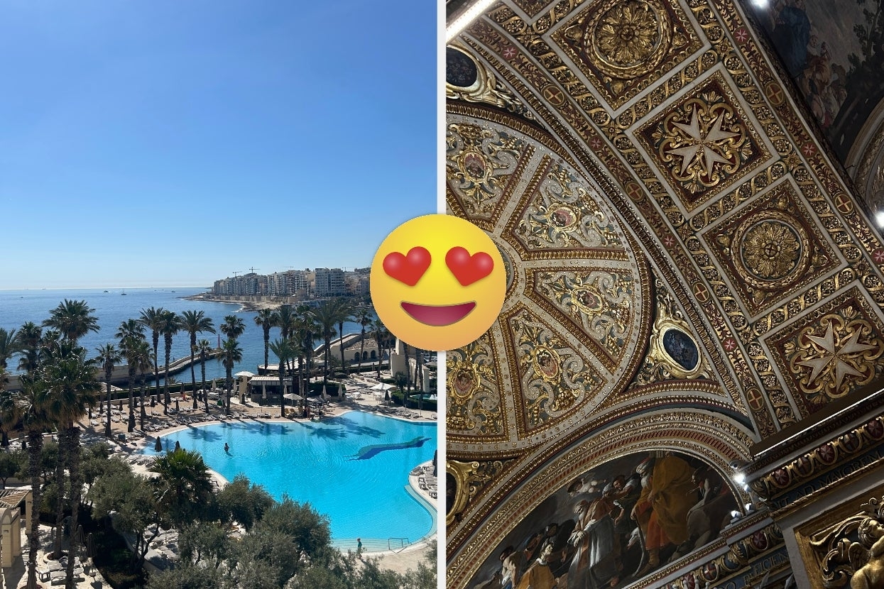 Coastal view with poolside palm trees and ornate, intricately designed ceiling, showcasing travel destinations of luxury and historic architecture