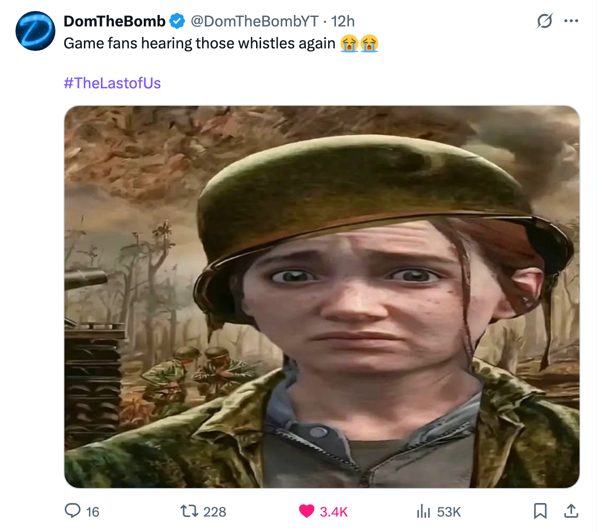 Ellie from &quot;The Last of Us,&quot; looks concerned in a war-torn setting. Tweet caption: &quot;Game fans hearing those whistles again ?? #TheLastofUs.&quot;