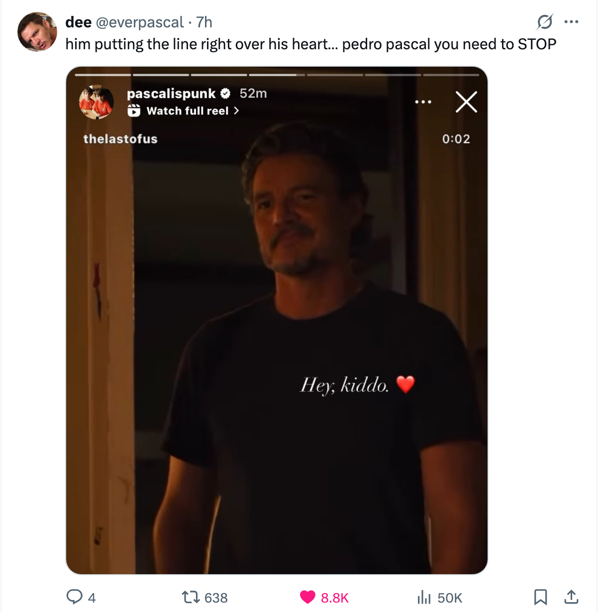 Pedro Pascal posting a photo of Joel with &quot;Hey, kiddo&quot; overlayed, and a twitter user pointing out he wrote the line over Joel's heart
