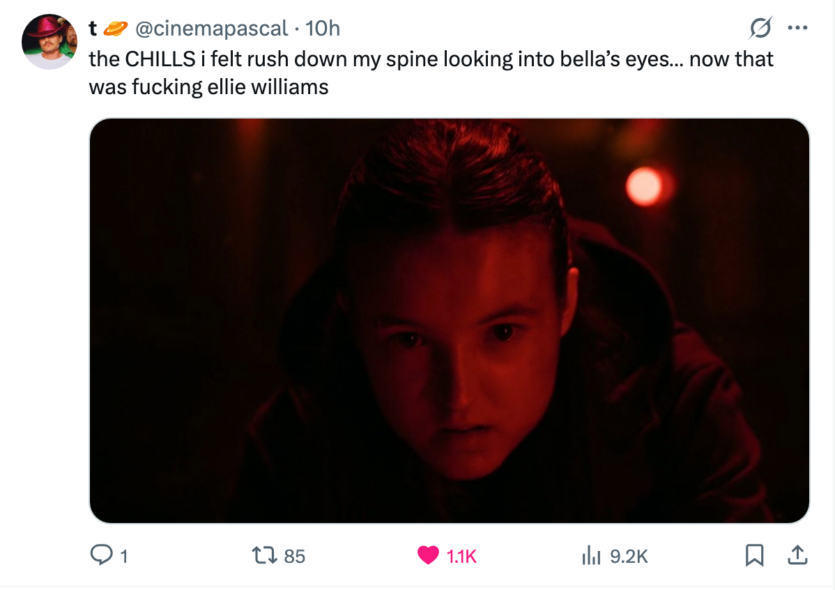 Ellie's intense stare in a scene with a caption saying, &quot;the chills i felt rush down my spine looking into bella's eyes&hellip; now that was fucking ellie williams&quot;