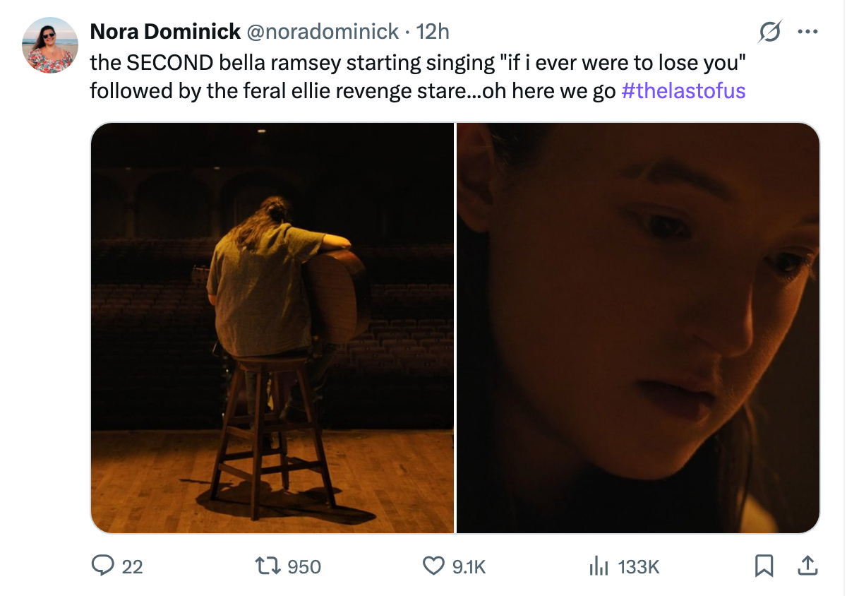 Ellie playing the guitar in a dimly lit theater with the caption, &quot;The second Bella Ramsey starting singing if I ever were to lose you followed by the feral Ellie revenge stare&hellip; oh here we go&quot;