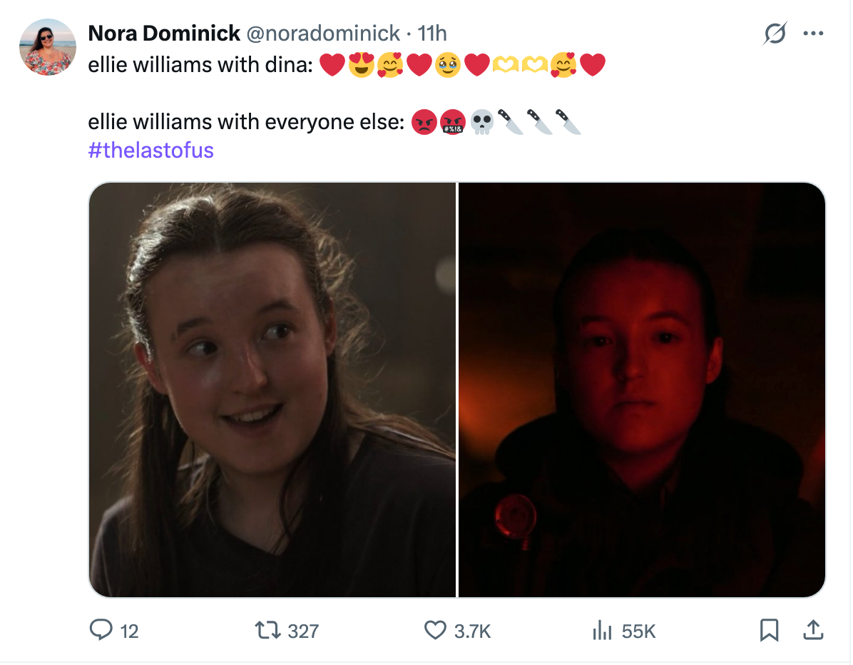 Ellie smiling vs. Ellie being serious and looking at Nora. The caption remarks on how different Ellie is with Dina vs. everyone else