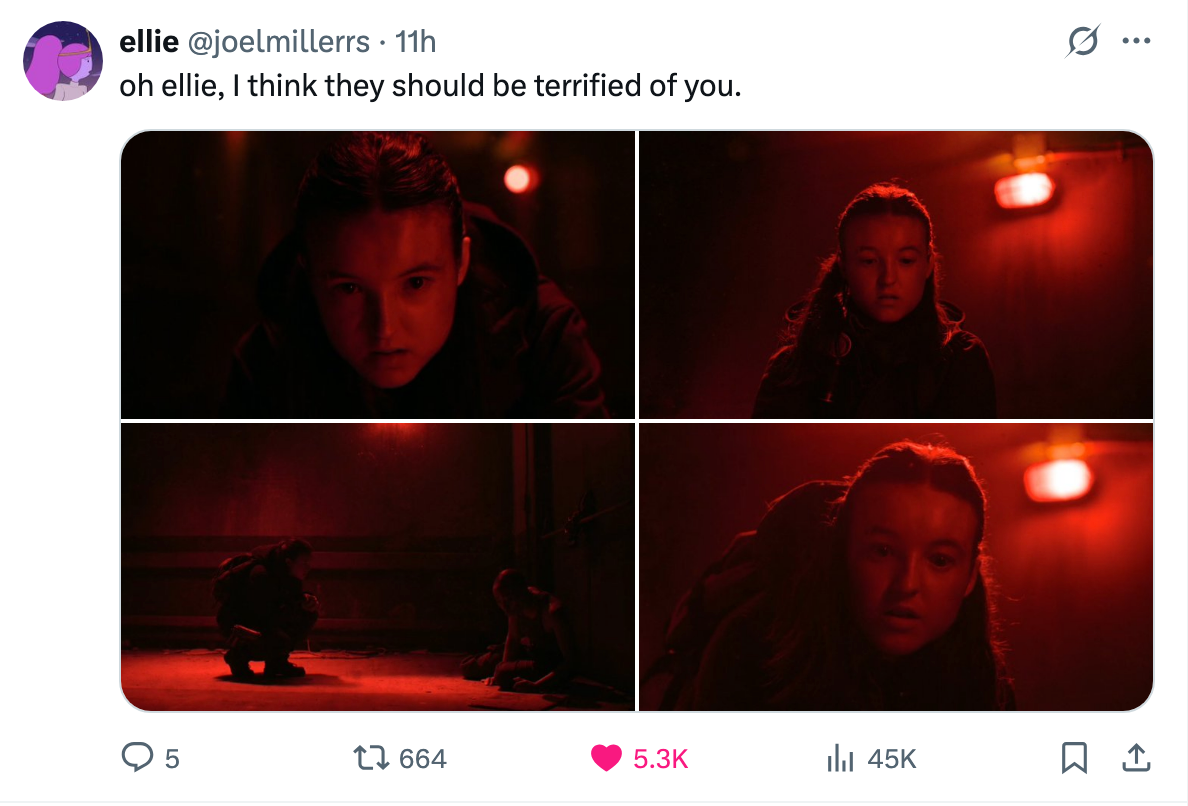 Tweet collage showing a tense scene with Ellie in low light, starring intently and crouched on the floor. Tweet text: &quot;oh ellie, i think they should be terrified of you.&quot;