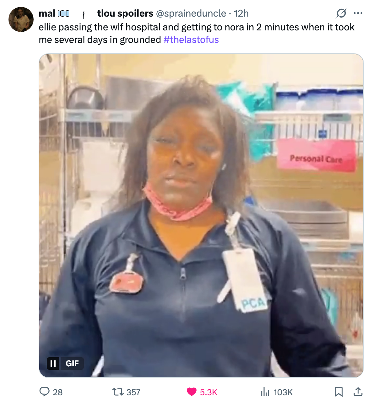 A tweet reading, &quot;Ellie passing the WLF hospital andgetting to Nora in 2 minutes when it took me several days in grounded&quot;