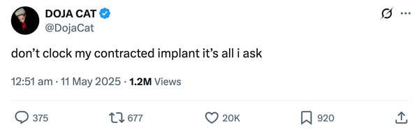Tweet by Doja Cat: &quot;don’t clock my contracted implant it’s all i ask&quot; with engagement metrics below