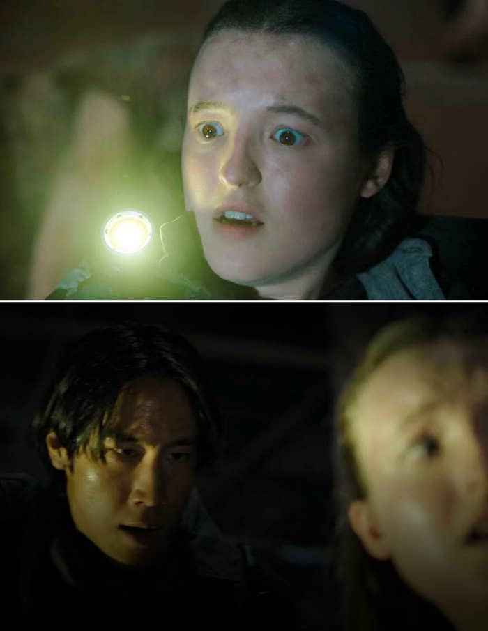 Ellie looking surprised as Jesse stands behind her