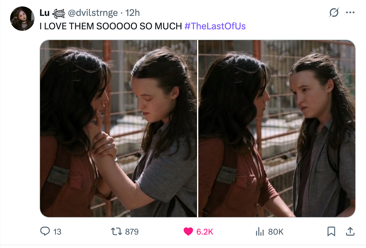 Dina and Ellie in a tender moment with a tweet remarking on how much the user loves them
