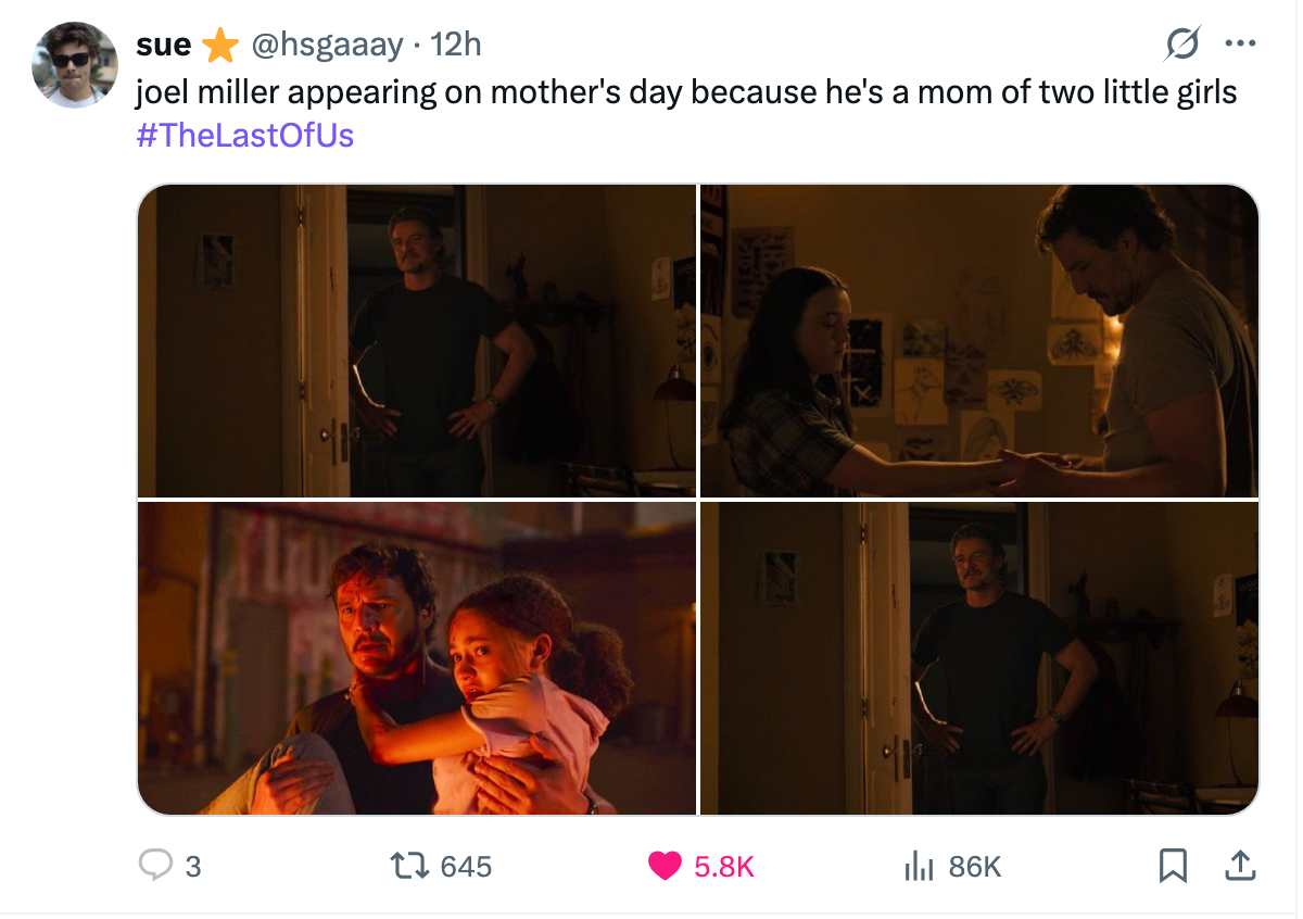 Images showing Joel carring for Ellie and Sarah with the caption, &quot;Joel Miller appearing on Mother's Day because he's a mom of two little girls&quot;