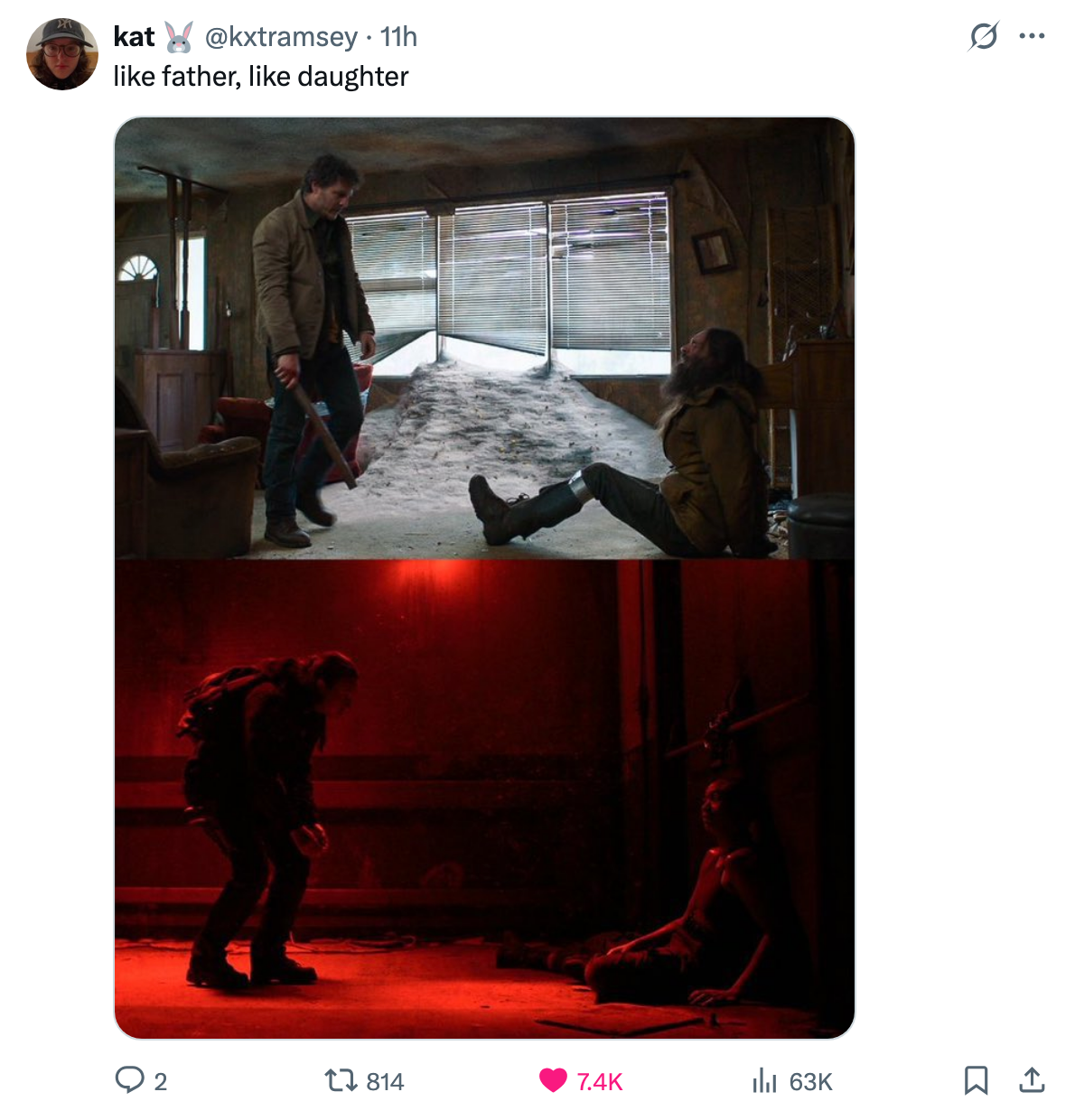 Side-by-side of Joel torturing someone in Season 1 vs. Ellie torturing Nora in Season 2 with the caption: like father, like daughter