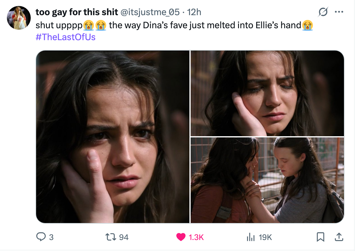 Ellie holding Dina's face with the caption, &quot;The way Dina's face just melting into Ellie's hand&quot;