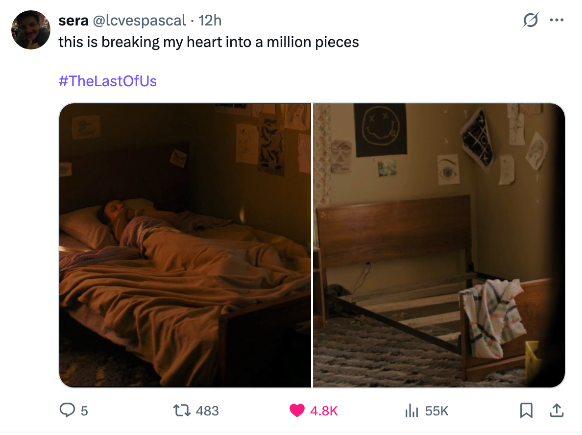A split image showing Ellie in her bedroom vs. Ellie's emoty bedroom with the caption, &quot;This is breaking my heart into a million pieces&quot;