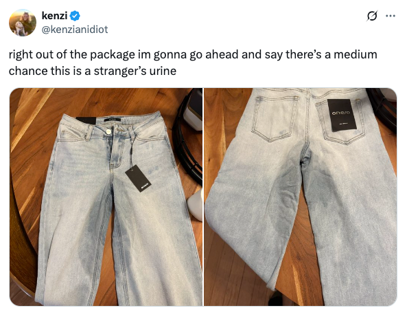 Two photos of light-wash jeans with tags attached. Social media text jokes about uncertain cleanliness