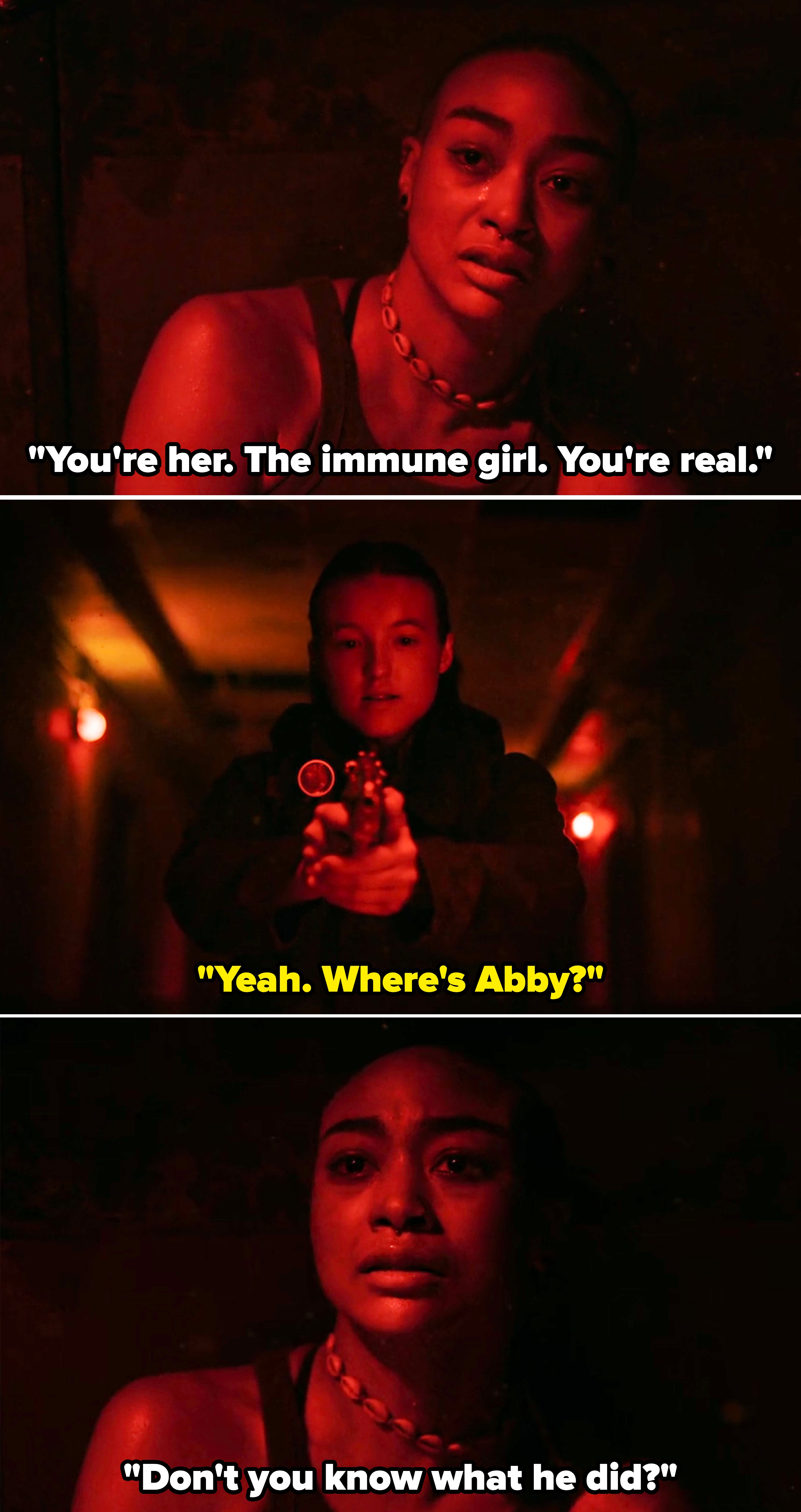 Nora realizing Ellie is the immune girl and asking if she knows what Joel did