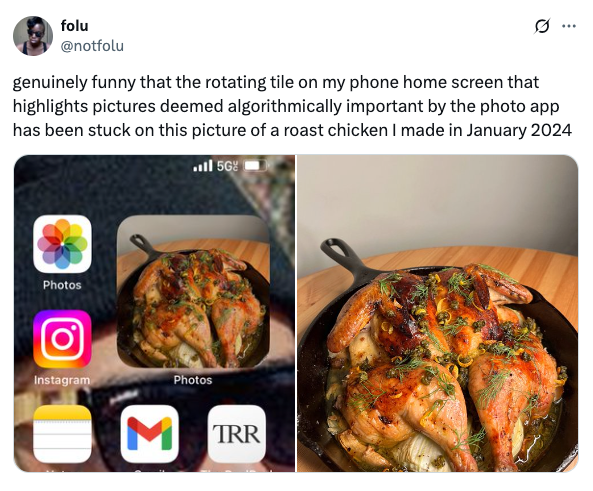 Tweet showing a phone home screen with a photo app displaying a roast chicken. User comments on algorithmically highlighted photos