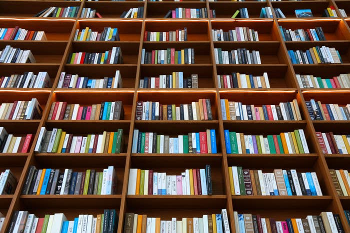 Bookshelves filled with numerous books are neatly arranged, creating a library-like atmosphere