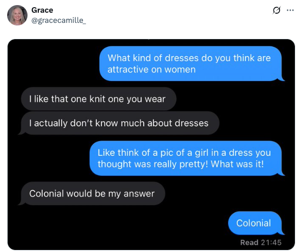 Text conversation screenshot: One person prefers a knit dress and mentions colonial style as attractive